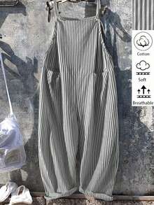 EMERY ROSE Plus Size Loose Minimalist Vertical Striped Bib Pants - Black - View 1