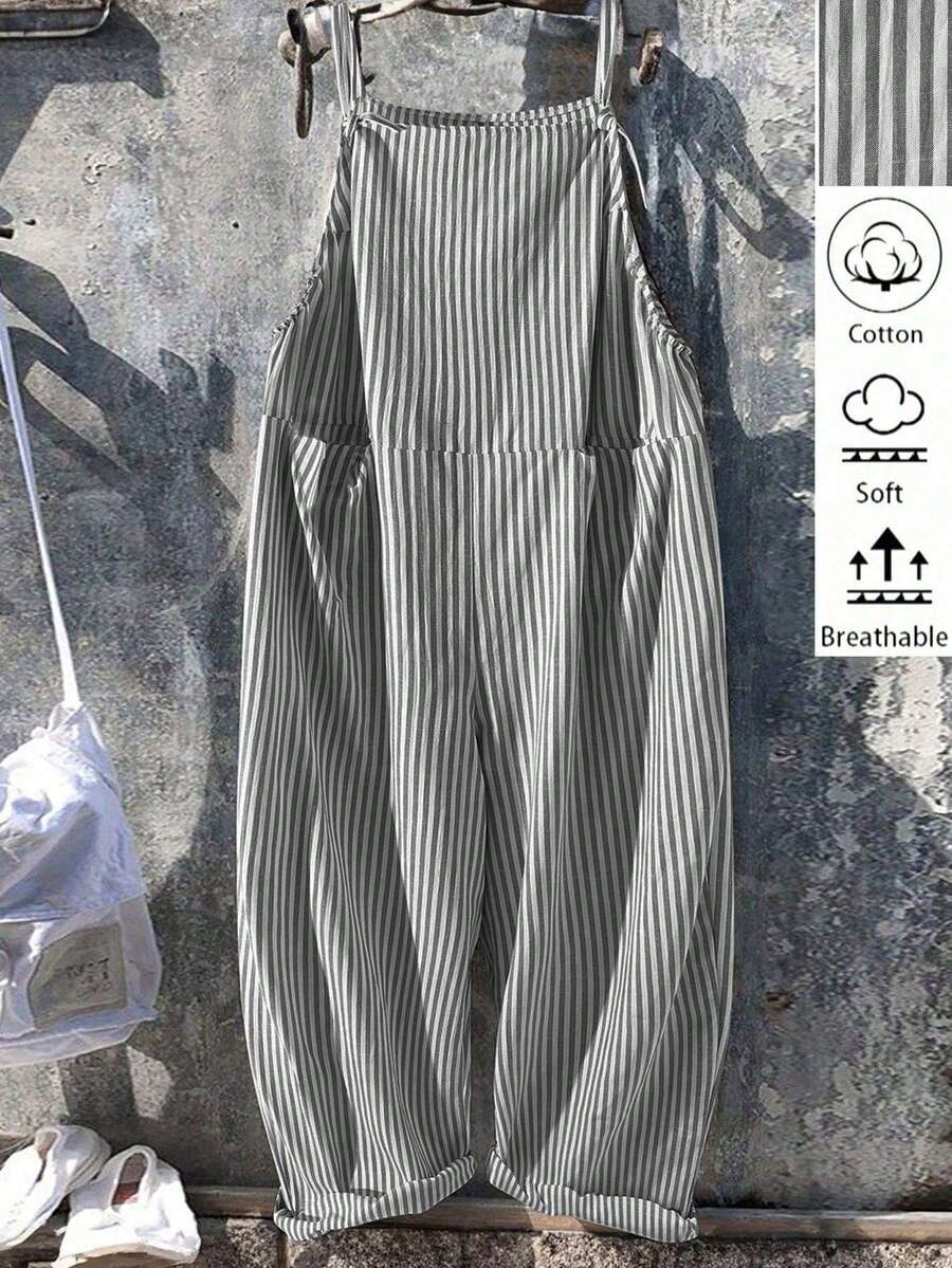 EMERY ROSE Plus Size Loose Minimalist Vertical Striped Bib Pants - Black - View 1