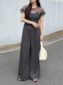 FRIFUL Women's Mesh Patchwork Pocket Wide Leg Jumpsuit Lounge Sets For Women Summer Jumpsuits For Women Golf Pastal Sexy - Grey - View 9