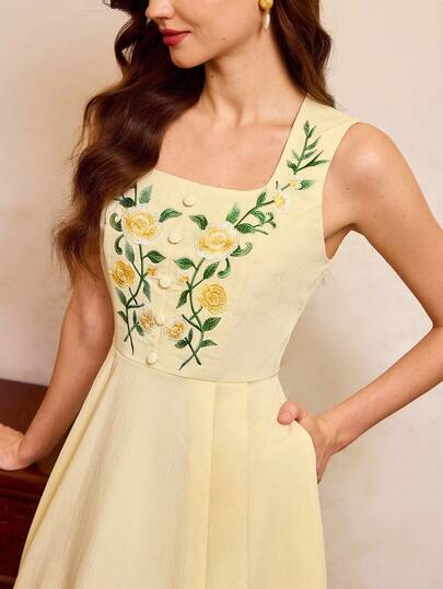 Vintamour Vintage Classic Elegant Women's Dress, Spring/Summer Fitted Floral Embroidered Dress, Square Neck Sleeveless Dress, Pale Yellow