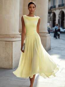 SHEIN Raffinéa Elegant Minimalist Fashion Date/Commute Fitted Sleeveless Round Neck Chiffon Dress For Women - Light Yellow - View 3