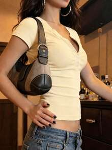 IslaSuriya 女款米色休閒按扣半開襟短袖短版T恤 - 杏色 - 查看 3