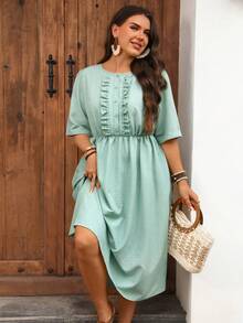 EMERY ROSE Plus Size Women's Round Neck Pleated Casual Party Dress - Fresh Green - View 7