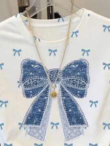 Tween Girls' Casual Minimalist Blue Big Bow Print Short Sleeve Round Neck T-Shirt, Sweet & Cute, Fashionable, Suitable For Summer Daily Wear - Multicolor - View 3