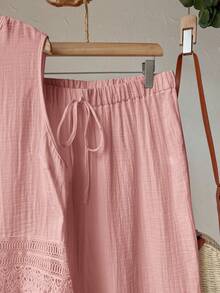 Rusticease Plus Size Women's Casual Vacation Pink Lace Patchwork Sleeveless Top And Pants 2 Piece Set, Summer Vacation - Pink - View 4