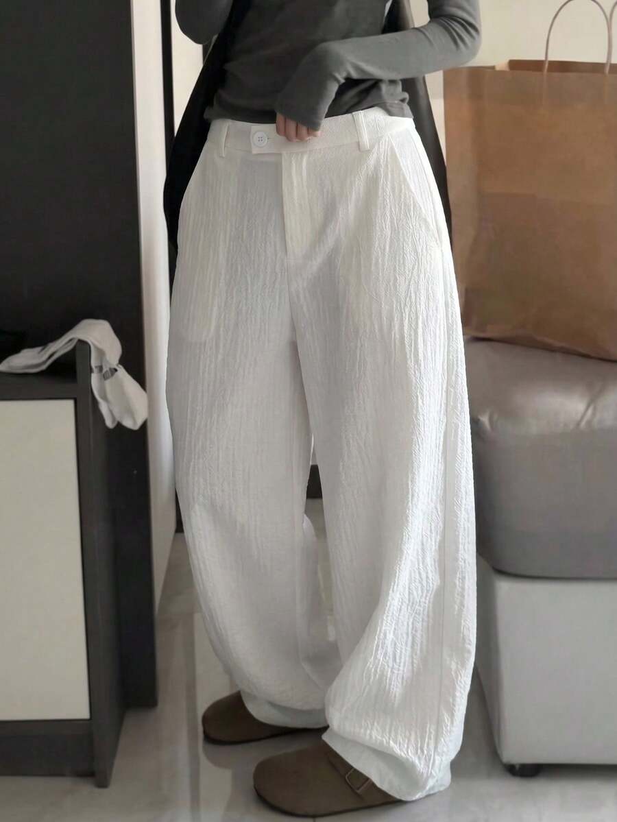 SHEIN Tween Girl Casual Minimalist Comfortable Mid-Waist Straight Leg Textured Pants Tween Girl - White - View 1