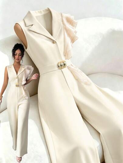 SHEIN Elenzya Mono elegante de mujer con cuello de solapa, parche, volantes en la cintura y decoración metálica