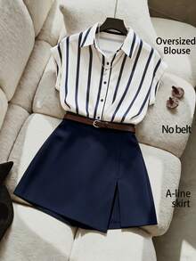 SHEIN LUNE Women Navy And White Striped Shirt And A-Line Skort Two Pieces Set,Short Sleeve Button Down Top Solid Skort,Summer,Smart Casual,Elegant,Vacation - Blue and White - View 7