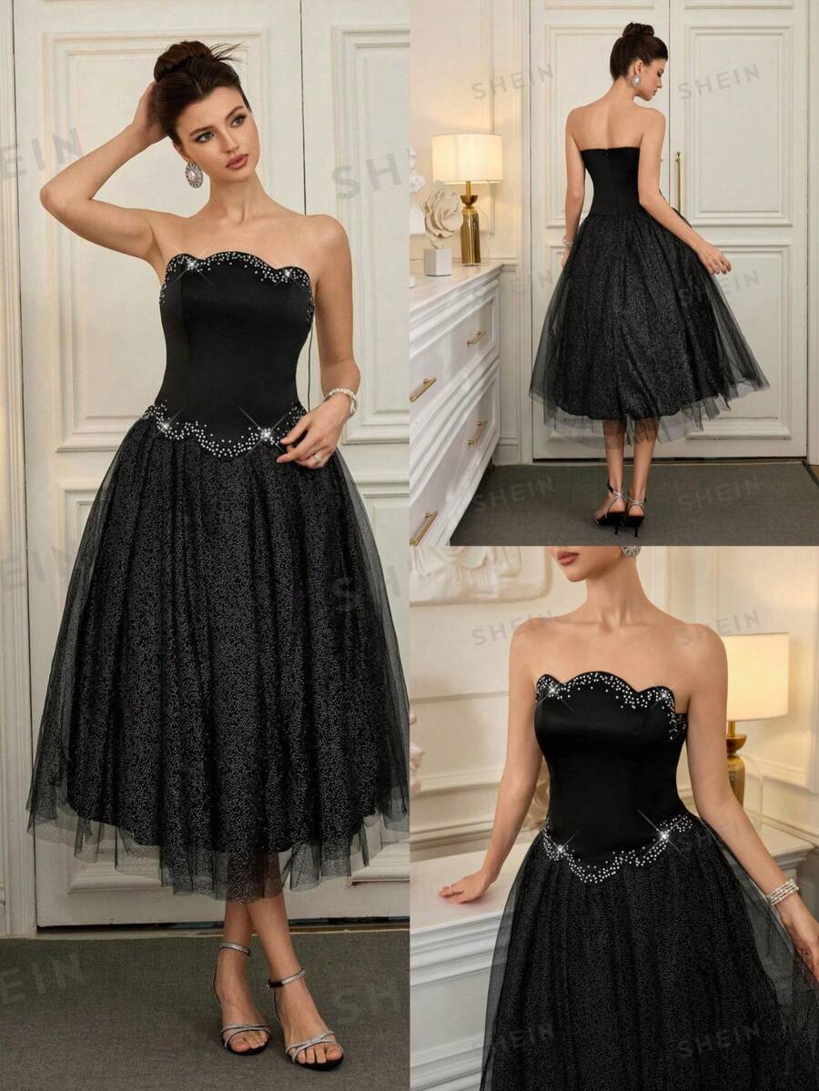 Poshira Women's Rhinestone Embellished Mesh Hem Cocktail Party Dress,Elegant Black Satin Formal Evening Gown,Sleeveless Backless Bodycon Slim Fit Ball Dress - Black - View 1
