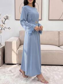 Veilorie Elegant Arabic Style Floral Patchwork Round Neck Waist Cinched Long Sleeve Dress - Blue - View 3