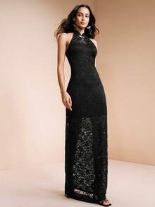 Arave Vestido preto de renda sem mangas para mulher, vestido estilo chinês com gola cheongsam e corte em A - Preto - Ver 6