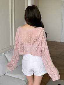 DAZY Hollow Out Cover Up Cover Up With Round Neckline Summer Sheer - Baby Pink - View 2