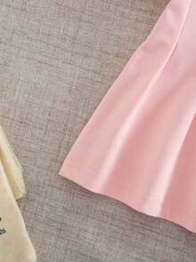 SHEIN 粉紅色新生女嬰夏季可愛開學季POLO領短袖刺繡A字裙前扣公主風柔軟日常穿著洋裝 - 西瓜粉 - 查看 8