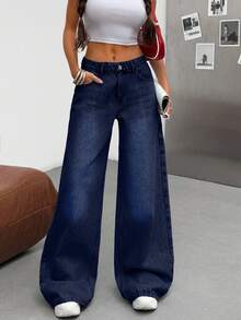 SHEIN Tall Tall Low Waist Snow Wash Wideleg Jean - Dark Wash - View 2