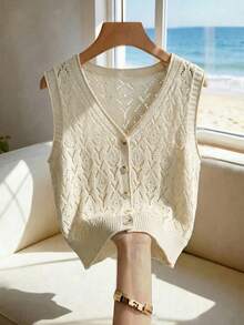 SHEIN Holidaya Women's Ivory Openwork Knit Vest,Summer V-Neck Sleeveless Leaf Pattern Granny Mother Tops,Button Front Closure,Ribbed Hem Trim,Vintage Casual Style - Apricot - View 6