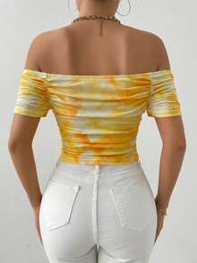 Chiquease Women's Tie-Dye Fitted Off-Shoulder Ruched Short Sleeve T-Shirt - Yellow - View 2