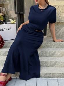 GalTyme 两件套加大码女式圆领短袖藏蓝色T恤和半裙休闲套装，夏季 - 藏蓝色 - 查看 6