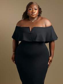CurvyTilda Plus Size Women Elegant Solid Color Off-Shoulder Dress Spring To Summer Black, For Hourglass Body Shape - Black - View 4