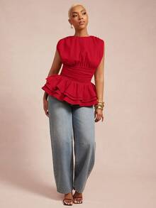 Vixey Top con cuello redondo sólido tejido, volantes fruncidos, sin mangas y dobladillo de peplum en capas - Rojo - Ver 4