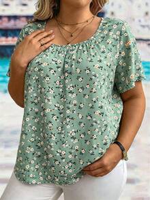 EMERY ROSE Plus Size Women Floral Print Ruffle Short Sleeve Fashionable Blouse - Green - View 3