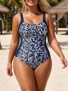 Swim Lushoire Plus Size Women Tropical Print Side Tie Hollow Out One-Piece Swimsuit, Summer - Navy Blue - View 4