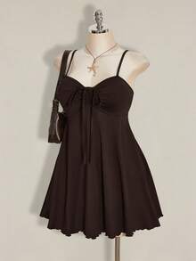 SHEIN ICON Vestido de verano de talla grande para mujer con cordón frontal y tirantes - Marrón - Ver 1