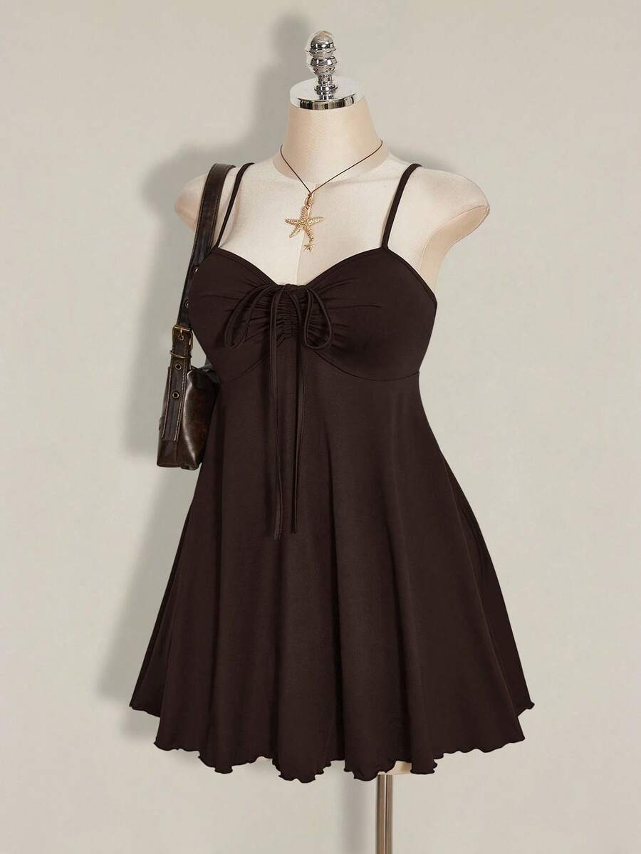 SHEIN ICON Vestido de verano de talla grande para mujer con cordón frontal y tirantes - Marrón - Ver 1