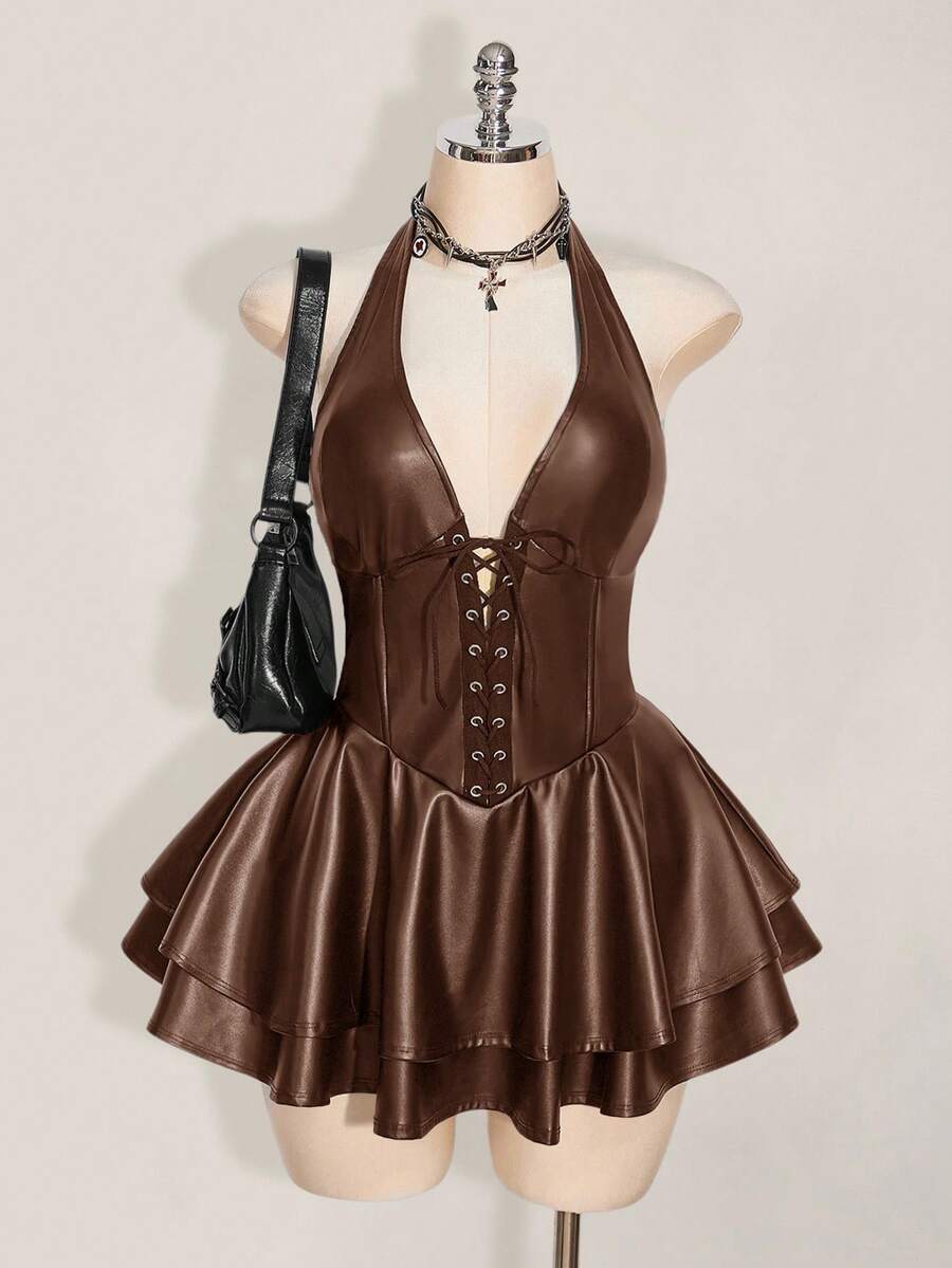 SHEIN ICON 大码Y2K时尚辣妹演唱会女装俱乐部派对节日锐舞装Y2K外出交叉绑带PU皮革露背迷你吊带黑色连衣裙 - 棕色 - 查看 1