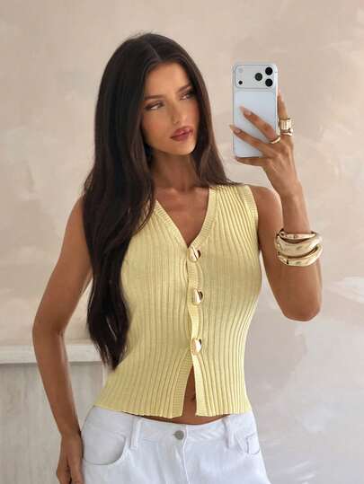 Aloruh Chaleco de punto minimalista de uso diario para mujer en color amarillo