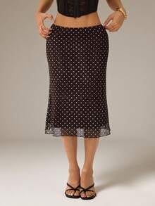 SHEIN PETITE Chân váy nữ chấm bi lưới màu nâu cà phê - Cà phê nâu - Xem 3