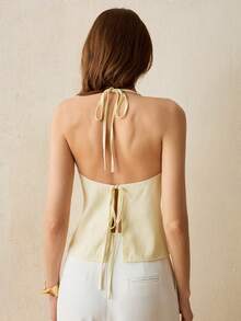 CielaLinda Women's Linen Tie-Front Bow Halter Backless Top, Solid Color Summer Cami Top - Light Yellow - View 2