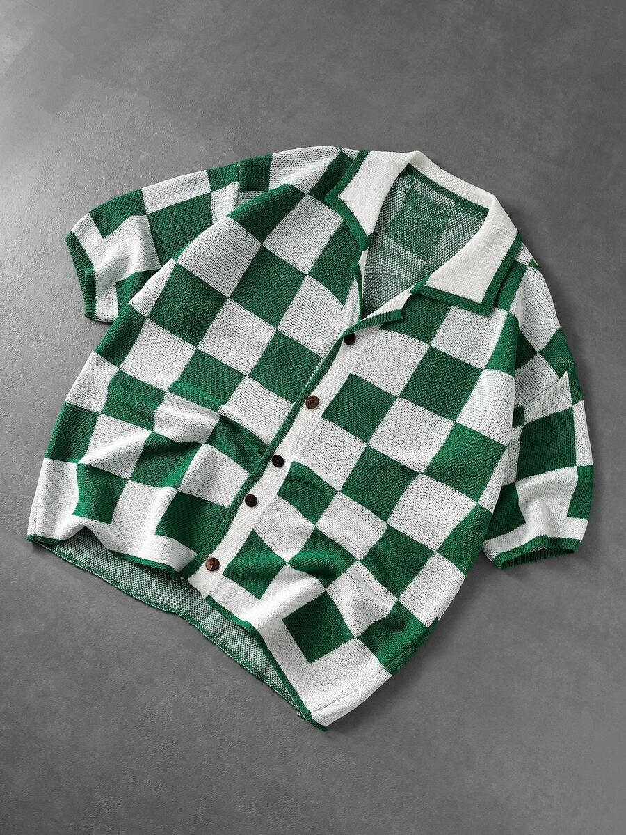 ROMWE MEN Men's Checkerboard Knit Cardigan, Cuban Collar Short Sleeve Loose Casual Retro Contrast Color Lightweight Top, Summer - Green - View 1