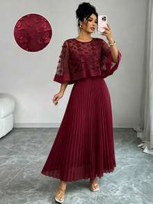 Elenzga Đầm nữ phối màu họa tiết bướm, thích hợp cho đám cưới, tiệc sinh nhật, mùa thu. - Màu Đỏ Sâu - Xem 4