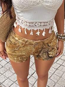 Jeanoix Pantalones cortos vaqueros de talle bajo con estampado floral retro para mujer, estilo Y2K - Multicolor - Ver 8