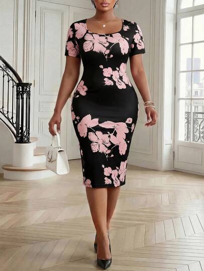 Fleurora Plus Size Floral Print Bodycon Dress Birthday&Event Dresses /Office Dresses /Church Dresses/Wedding Dresses /Holiday Dresses Beach Dress Pastel Dresses For Women Graduation Dress / Graduation Dress/ Graduation Outfit Wedding Guest Dress Women / Bridal Shower Dress Modest Dresses For Women/ Boho Women's Clothing / Bohemian / Boho Chic Plus Size Dress Summer Dress Pring Dress Elegant Dresses For Women Bodycon Plus Size Dress Curve Birthday Outfit Curve Dress Floral Dress, Summer Dresses
