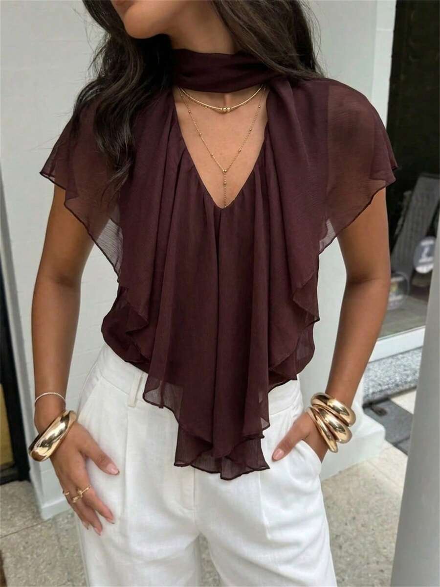 Aloruh Women's Elegant V-Neck Chiffon Ruffle Sleeve Brown Office Shirt - Brown - View 1