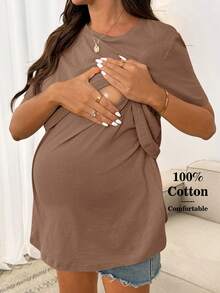 SHEIN Maternity Solid Color Casual Versatile Daily Wear Nursing Top - Khaki - View 1