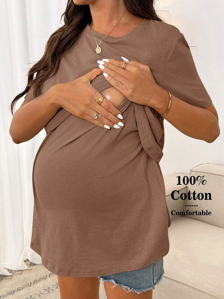 SHEIN Maternity Solid Color Casual Versatile Daily Wear Nursing Top - Khaki - View 1