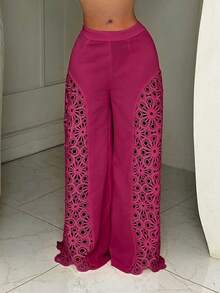 SHEIN BamGlam Women's Solid Color Hollow Out Casual Versatile Wide Leg Pants For Daily Wear - Hot Pink - View 5