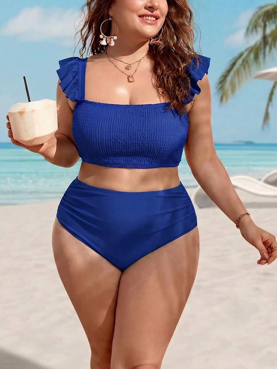 Swim Lushoire Plus Size Solid Color Minimalist Daily Wear Square Neck Cap Sleeve Swimwear - Royal Blue - View 1