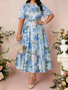Fleurora Đầm nữ size lớn họa tiết hoa cổ tròn tay ngắn thiết kế xếp ly thanh lịch - Màu xanh lam - Xem 4