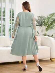 Reflora Plus Size Women Textured Metallic Rhinestone Buckle Ruched Lace Patchwork Dress Fall - Green - View 3