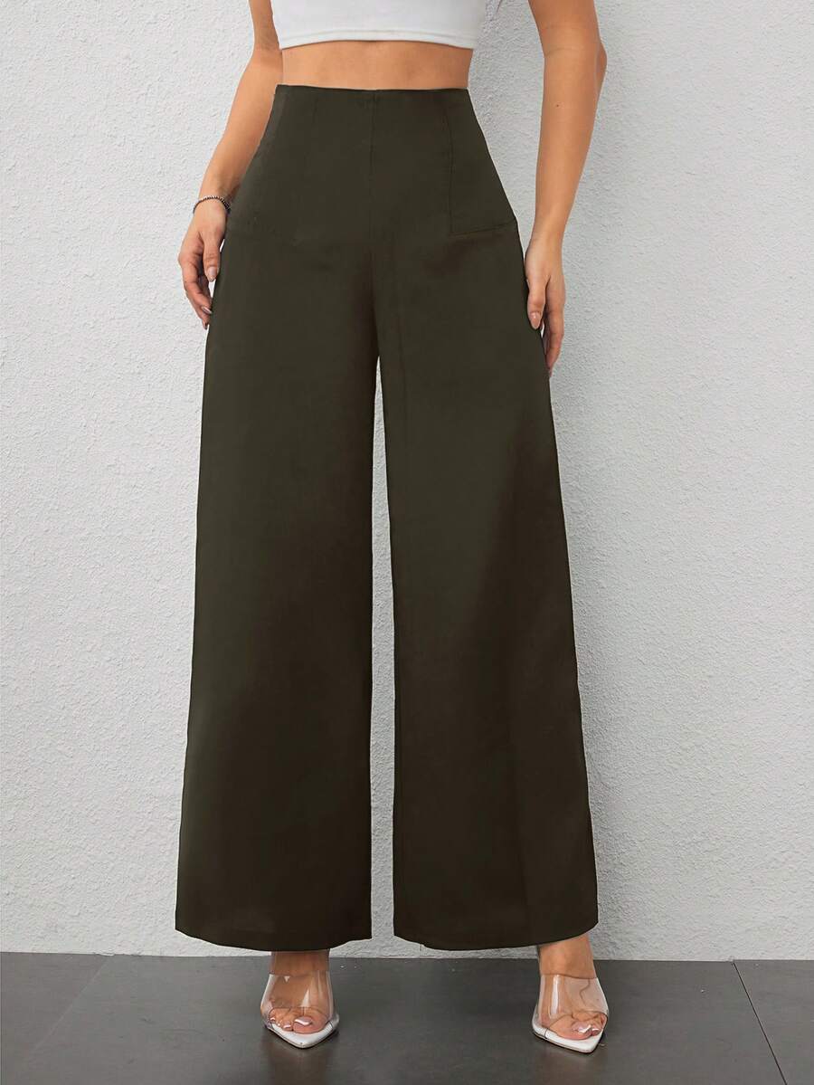 SHEIN PETITE 女款簡約休閒時尚返校季老錢風通勤高腰紋理寬腿長褲,適合嬌小女性 - 0.霧綠 - 查看 1