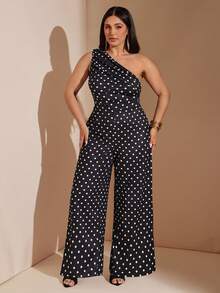 SHEIN BAE CURVE 大码女式不对称肩部阔腿黑白波点连体裤 - 黑與白 - 查看 5