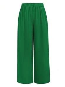 EMERY ROSE Plus Size Solid Color Elastic Waist Casual Straight Leg Pants With Back Gathers Fall Cloth For Women - Green - View 2