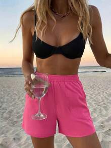 Vaclyn Women Elastic Waist Solid Color Beach Pants, Casual Resort Style For Summer Beach Vacation Pink, Wide Leg - Pink - View 5