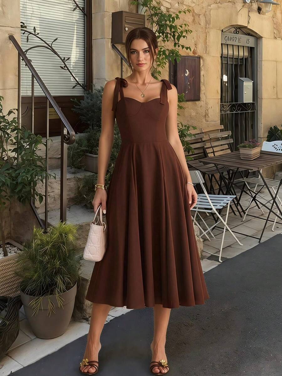 Enchnt Women's Elegant Chocolate Brown Linen Sleeveless Midi Dress, Summer Vacation Holiday Beach Dress,Sweet&Elegant For Dates& - Coffee Brown - View 1