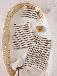 SHEIN Conjunto de roupa de casa para recém-nascido com 3 peças em malha waffle - Body listrado + Calça com pezinhos + Gorro fofo com orelhas de urso. Decoração realista de urso, design com pezinhos e barriguinha, tecido macio e respirável, adequado para recém-nascidos em todas as estações. - Multicolorido - Ver 2