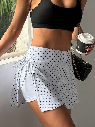 SHEIN Dewbera Chân váy thể thao mùa hè nữ, phong cách tennis màu trắng họa tiết chấm bi, xẻ bên có dây buộc, quần short tích hợp có túi, phù hợp cho mặc thường ngày, chạy bộ, yoga, gym, tennis, golf