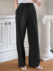 Designer Women's Solid Color Front Button Straight Leg Casual Pants - Black - View 3